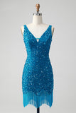 Sparkly Dark Blue Bodycon V Neck Sequin Cocktail Dress with Tassel