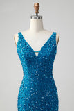 Sparkly Sage Bodycon V Neck Sequin Cocktail Dress with Tassel