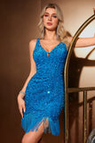 Sparkly Dark Blue Bodycon V Neck Sequin Cocktail Dress with Tassel