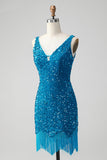 Sparkly Dark Blue Bodycon V Neck Sequin Cocktail Dress with Tassel