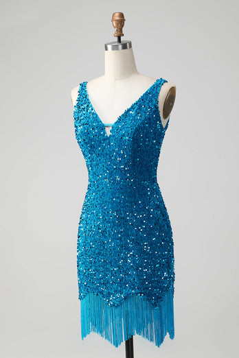 Sparkly Sage Bodycon V Neck Sequin Cocktail Dress with Tassel