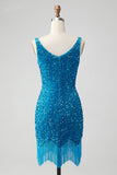 Sparkly Sage Bodycon V Neck Sequin Cocktail Dress with Tassel