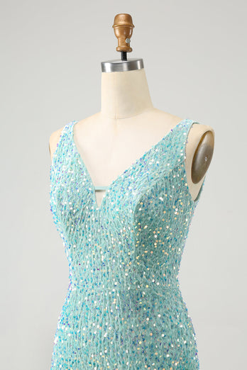 Sparkly Sage Bodycon V Neck Sequin Cocktail Dress with Tassel