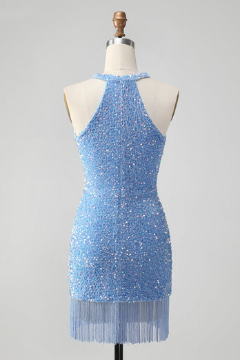 Sparkly Lilac Bodycon Halter Tassel Cocktail Dress with Sequins