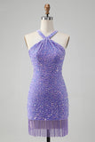 Sparkly Lilac Bodycon Halter Tassel Cocktail Dress with Sequins