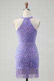 Sparkly Lilac Bodycon Halter Tassel Cocktail Dress with Sequins