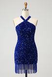 Sparkly Royal Blue Bodycon Halter Sequin Cocktail Dress with Tassel