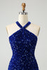 Load image into Gallery viewer, Sparkly Royal Blue Bodycon Halter Sequin Cocktail Dress with Tassel
