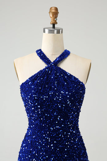 Sparkly Royal Blue Bodycon Halter Sequin Cocktail Dress with Tassel