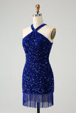 Sparkly Royal Blue Bodycon Halter Sequin Cocktail Dress with Tassel