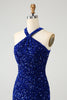 Load image into Gallery viewer, Sparkly Royal Blue Bodycon Halter Sequin Cocktail Dress with Tassel