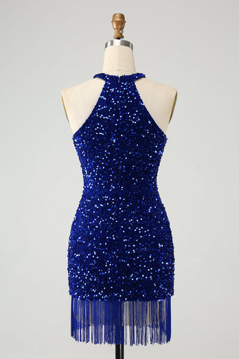 Sparkly Royal Blue Bodycon Halter Sequin Cocktail Dress with Tassel