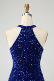 Sparkly Royal Blue Bodycon Halter Sequin Cocktail Dress with Tassel