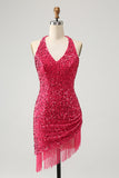 Sparkly Fuchsia Sequins Halter Short Bodycon Cocktail Dress with Tassels