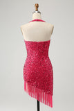 Sparkly Fuchsia Sequins Halter Short Bodycon Cocktail Dress with Tassels