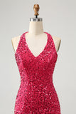 Sparkly Fuchsia Sequins Halter Short Bodycon Cocktail Dress with Tassels