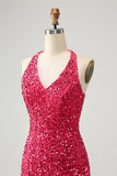 Sparkly Fuchsia Sequins Halter Short Bodycon Cocktail Dress with Tassels