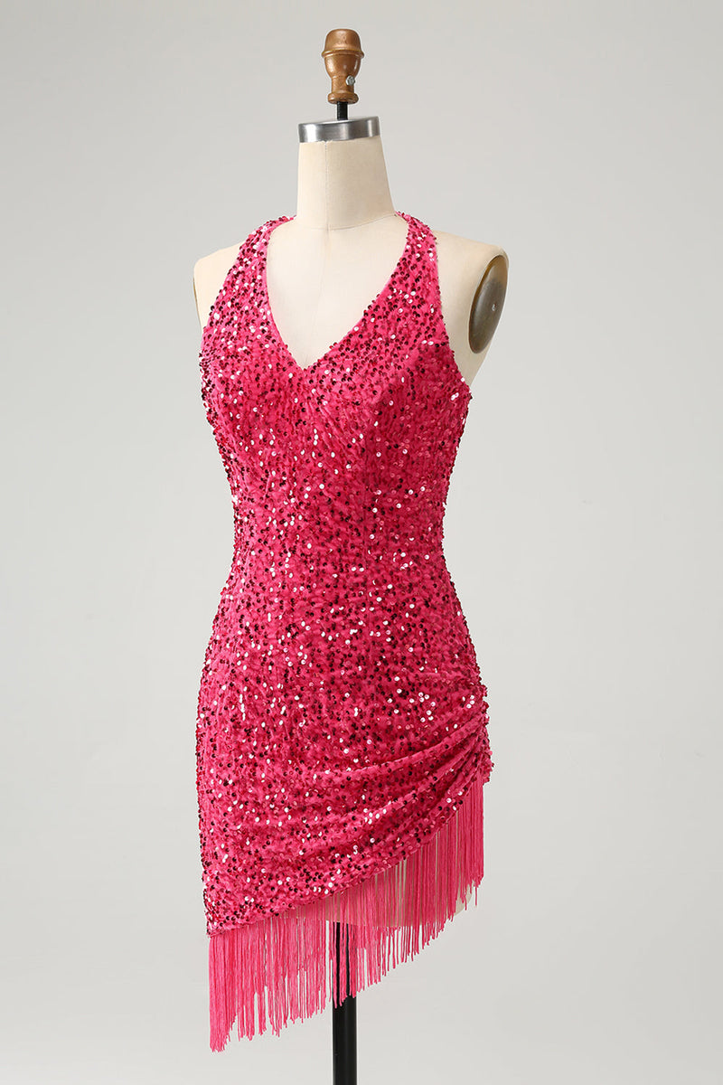 Load image into Gallery viewer, Sparkly Fuchsia Sequins Halter Short Bodycon Cocktail Dress with Tassels
