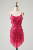 Fuchsia Sequins Spaghetti Straps Cocktail Dress with Tassels