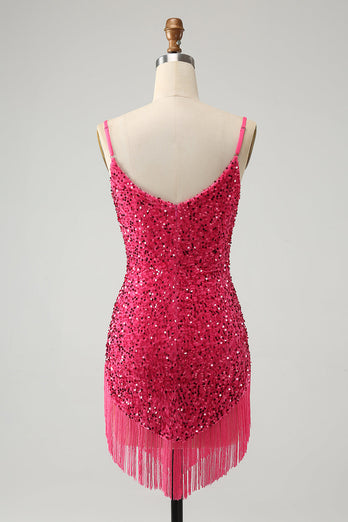 Fuchsia Sequins Spaghetti Straps Cocktail Dress with Tassels