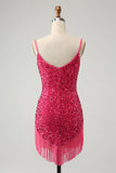 Fuchsia Sequins Spaghetti Straps Cocktail Dress with Tassels