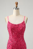 Fuchsia Sequins Spaghetti Straps Cocktail Dress with Tassels