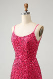 Fuchsia Sequins Spaghetti Straps Cocktail Dress with Tassels