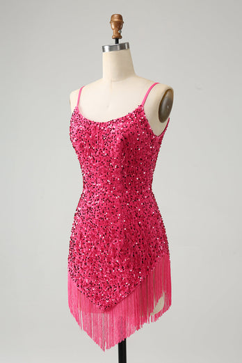 Fuchsia Sequins Spaghetti Straps Cocktail Dress with Tassels