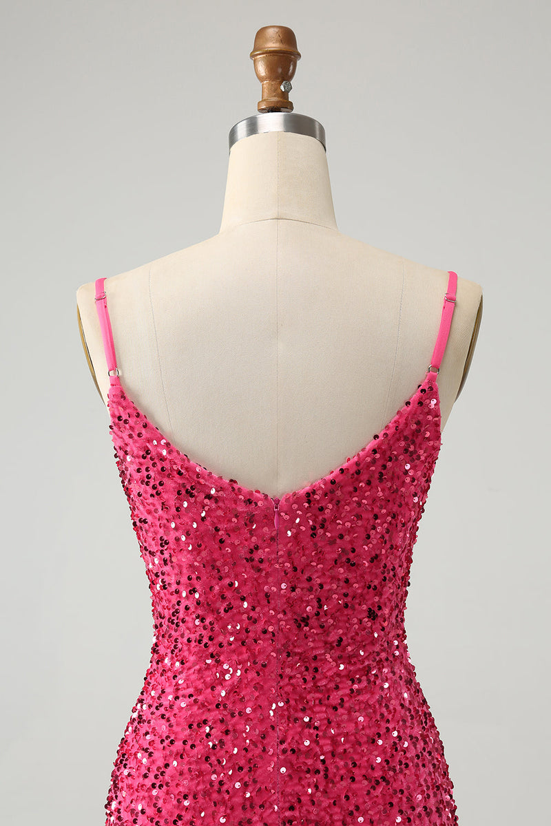 Load image into Gallery viewer, Fuchsia Sequins Spaghetti Straps Cocktail Dress with Tassels