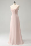 Pink Spaghetti Straps Cowl Neck Chiffon Bridesmaid Dress