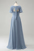 Load image into Gallery viewer, Grey Blue V-Neck Puff Chiffon Long Bridesmaid Dress with Hollow Out Back
