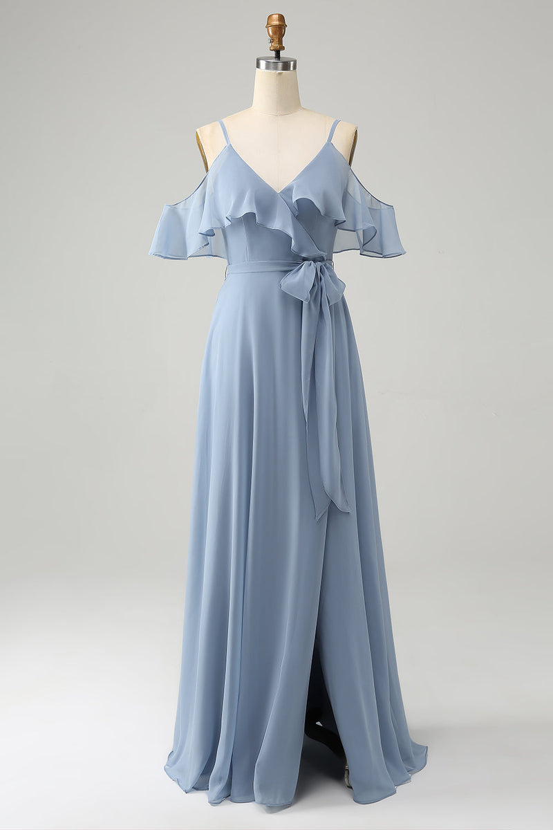 Load image into Gallery viewer, Grey Blue Spaghetti Straps V-Neck Chiffon Bridesmaid Dress with Slit