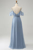 Load image into Gallery viewer, Grey Blue Spaghetti Straps V-Neck Chiffon Bridesmaid Dress with Slit