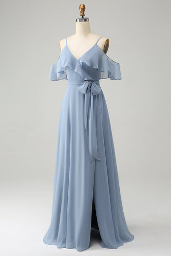 Grey Blue Spaghetti Straps V-Neck Chiffon Bridesmaid Dress with Slit