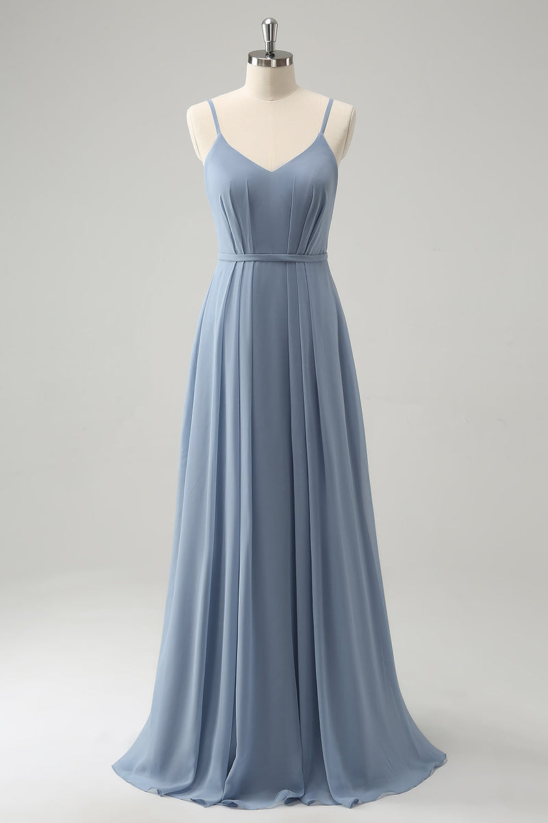Load image into Gallery viewer, Grey Blue Chiffon Corset A Line Spaghetti Straps Pleated Long Bridesmaid Dress