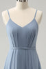 Load image into Gallery viewer, Grey Blue Chiffon Corset A Line Spaghetti Straps Pleated Long Bridesmaid Dress