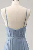 Grey Blue Chiffon Corset A Line Spaghetti Straps Pleated Long Bridesmaid Dress