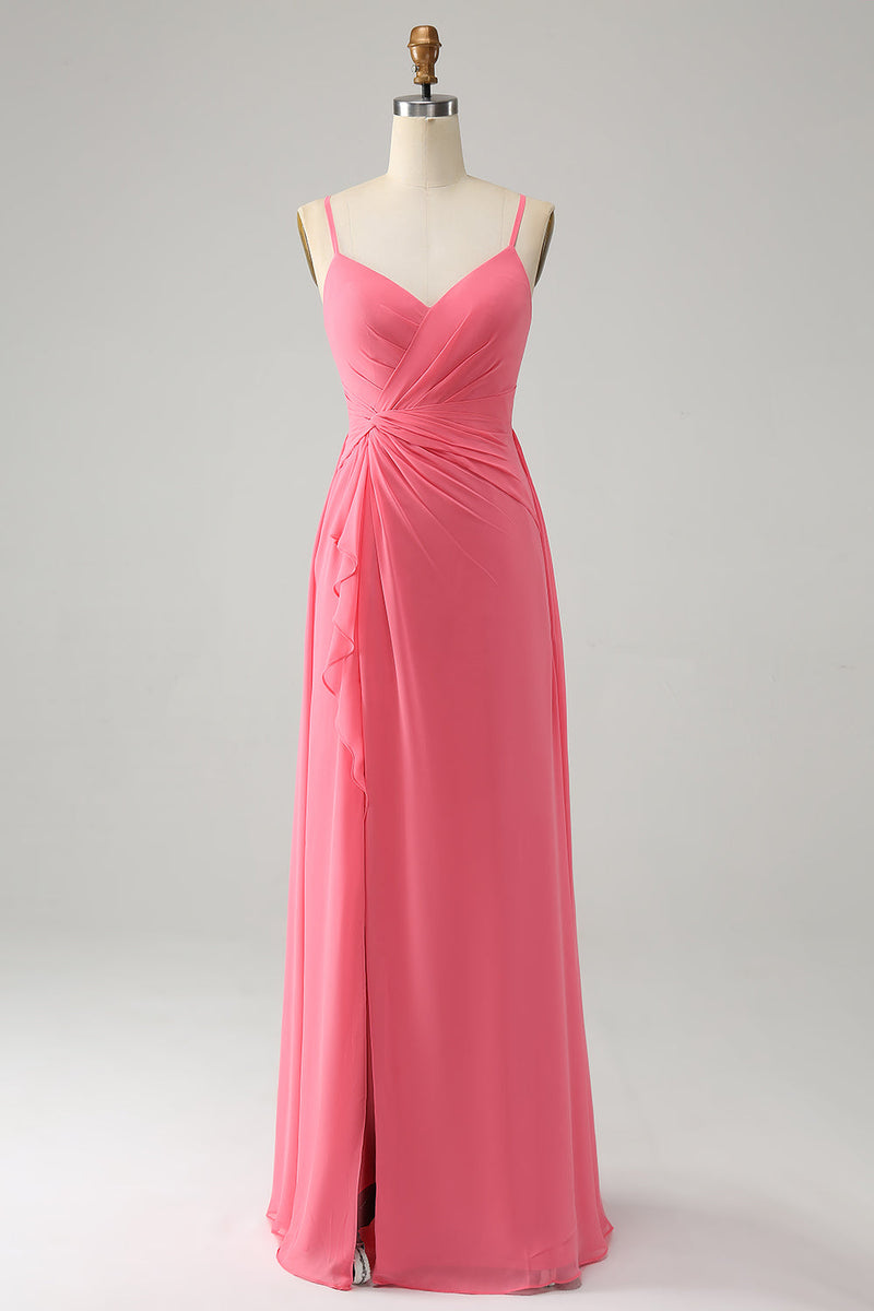 Load image into Gallery viewer, Coral A Line V Neck Spaghetti Straps Chiffon Long Bridesmaid Dress With Slit
