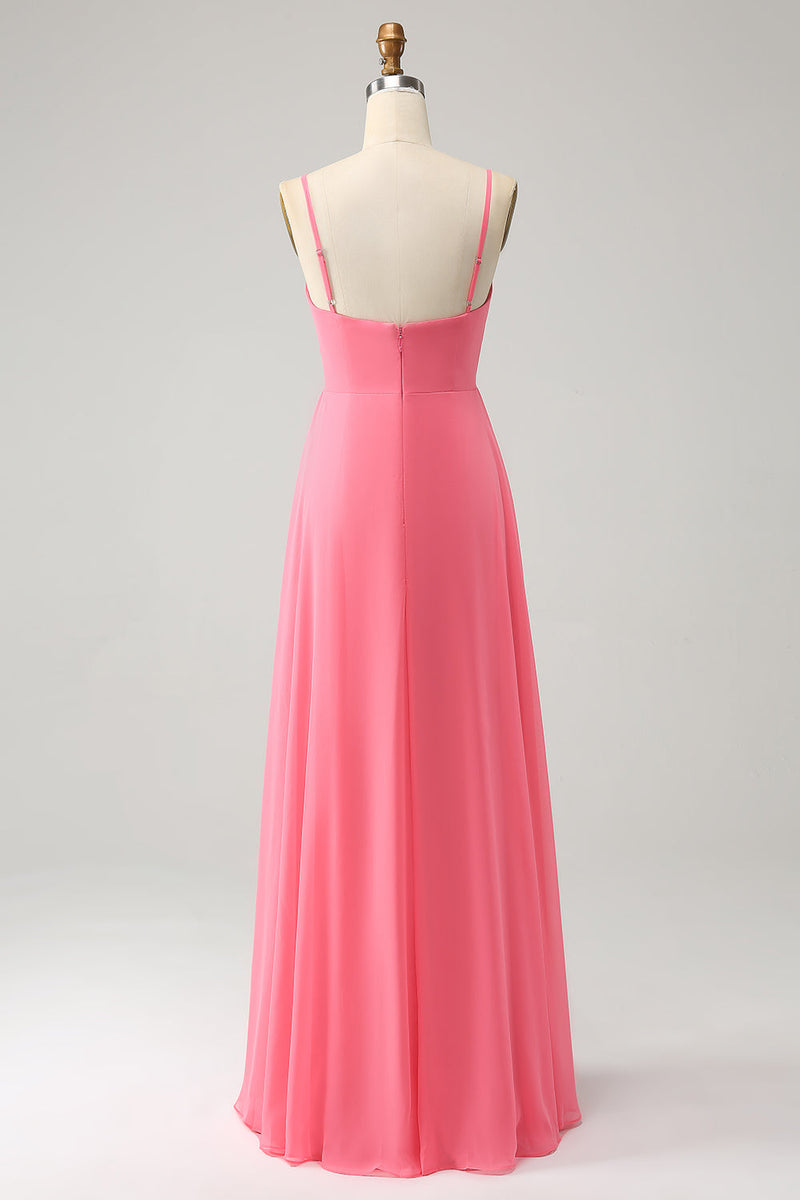 Load image into Gallery viewer, Coral A Line V Neck Spaghetti Straps Chiffon Long Bridesmaid Dress With Slit