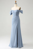 Grey Blue Mermaid Off the Shoulder Chiffon Long Bridesmaid Dress with Slit