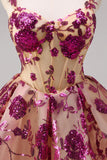 Sparkly Fuchsia A Line Corset Long Cocktail Dress with Sequins