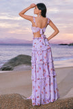 Off the Shoulder Purple Floral A-Line Chiffon Bridesmaid Dress