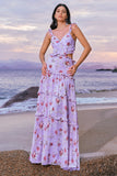 Off the Shoulder Purple Floral A-Line Chiffon Bridesmaid Dress