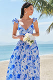 Off The Shoulder Blue Floral A Line Chiffon Bridesmaid Dress