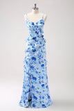 Blue Ruffled Floral Bridesmaid Dress with Slit