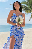 Blue Floral Chiffon Bridesmaid Dress with Ruffles