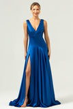 Ink Blue A Line V-Neck Satin Long Bridesmaid Dress with Slit