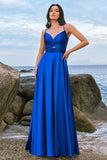 Spaghetti Straps Satin Ink Blue Bridesmaid Dress with Slit