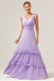 Lilac Chiffon A-Line Ruched Long Bridesmaid Dress with Ruffles