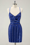 Sparkly Royal Blue Tight Sequined Spaghetti Straps Cocktail Dress